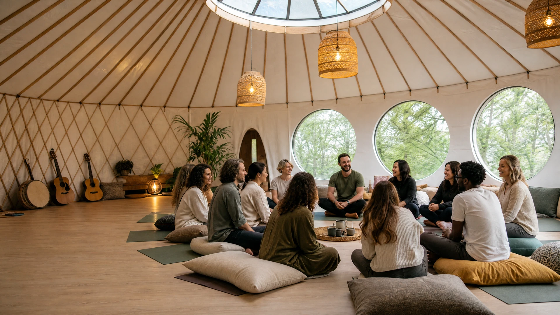A bright yurt community gathering with people sitting in conversation